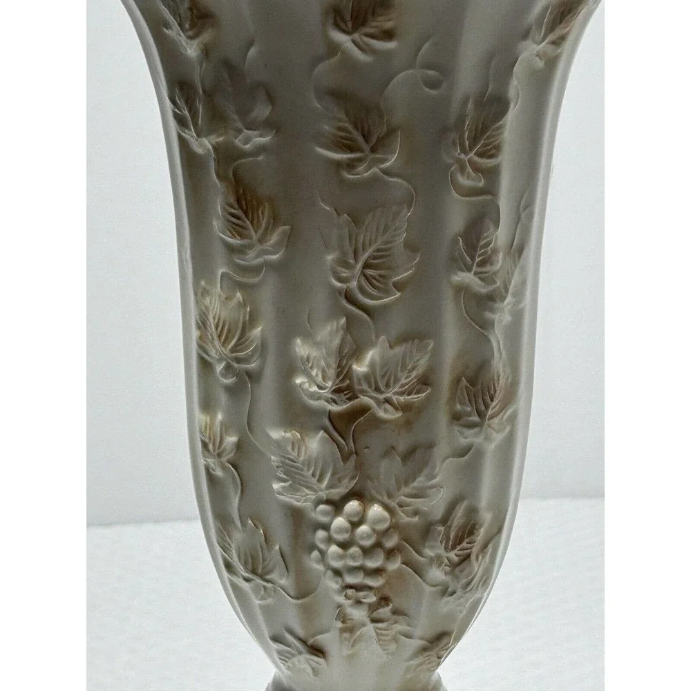 Pottery Pedestal Vase, White‎ & Tan, Raised Embossed Grapes & Leaves, Scalloped